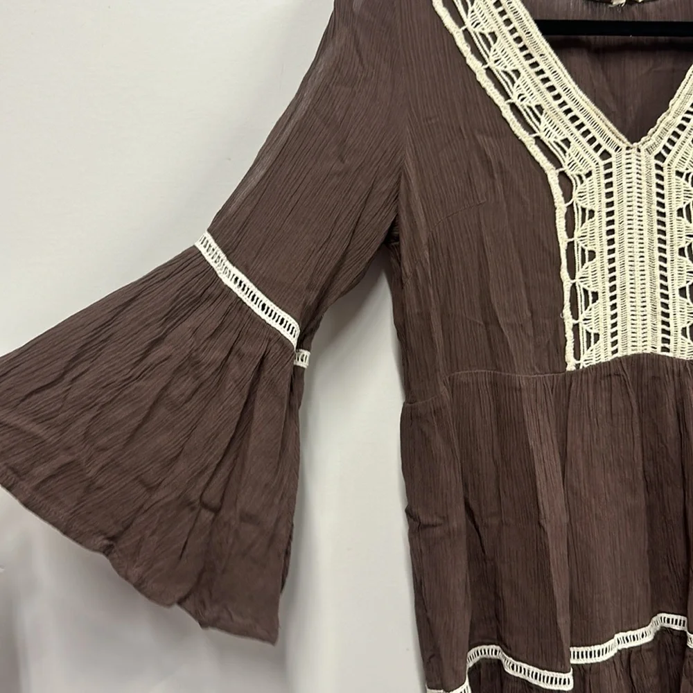 Entro brown cream crochet long sleeve dress S - Picture 2 of 9